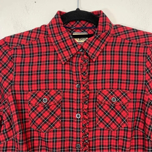 Heritage Shirtings By Bass Shirt Woman Small Red Black Plaid Button Ruffles - Picture 2 of 8